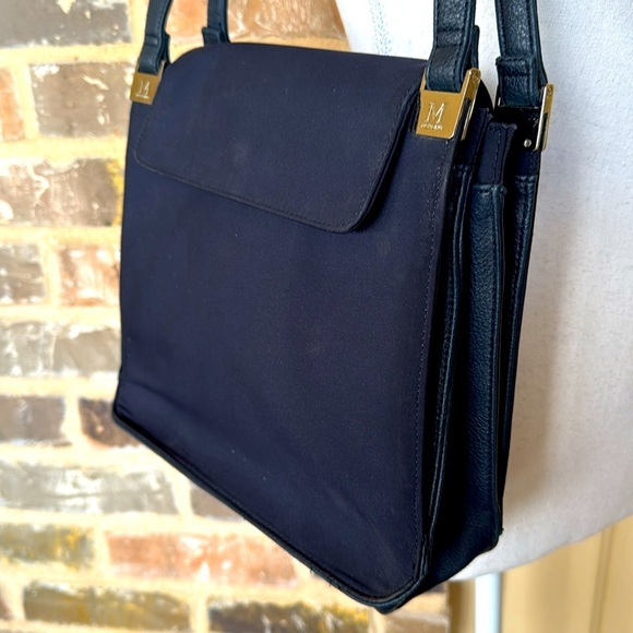 Mondani Navy Peau De Soie Fabric & Leather Structured Sections Bag Silver Accent - Picture 3 of 13